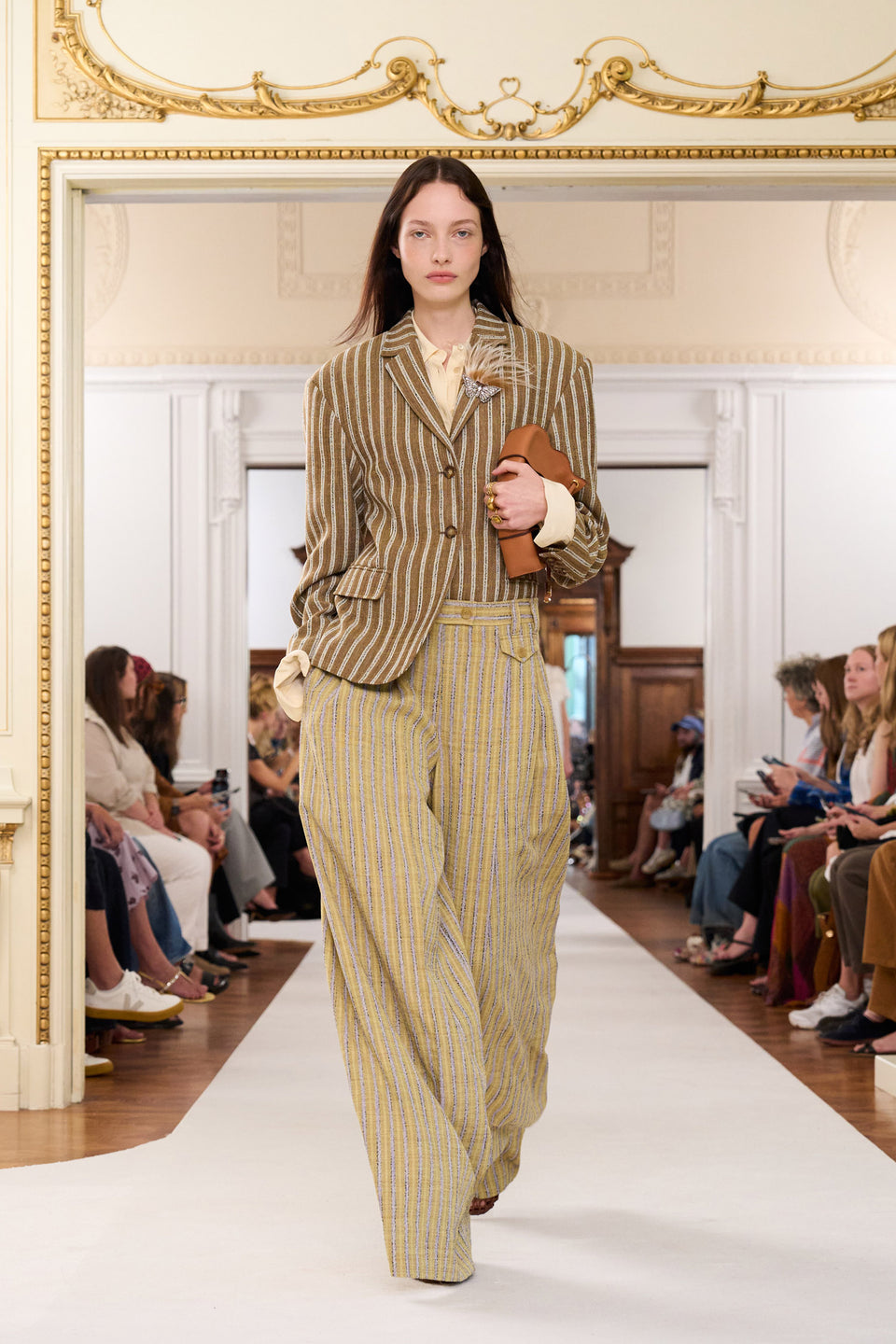 Model Carrying Adria Small Crossbody Sierra on SS26 Runway - Luxury Designer Bag Styled Look | Ulla Johnson