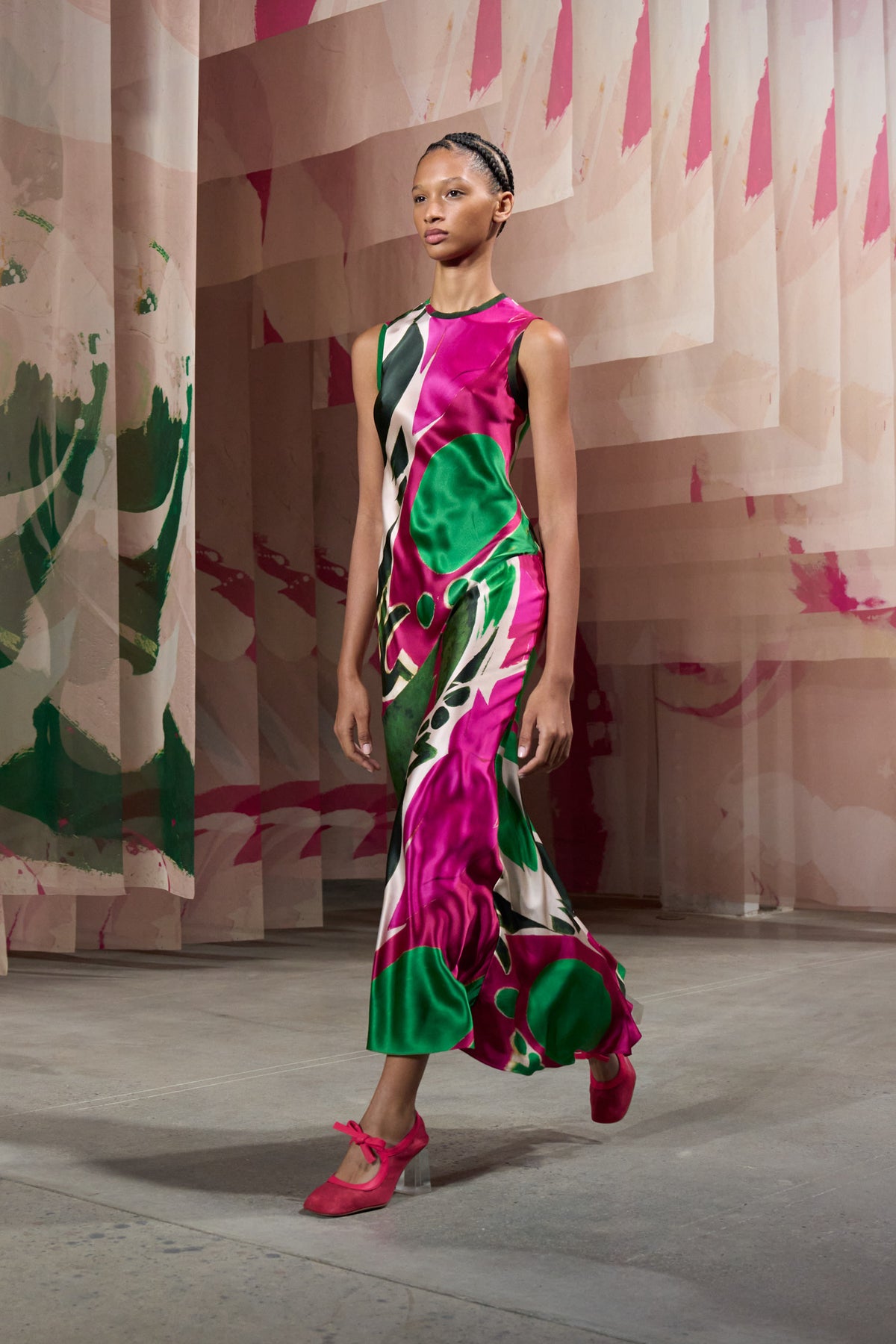 Premium Silk Abstract Print Bias-Cut Midi Dress - SS25 Runway Walk, Front Angle | Ulla Johnson