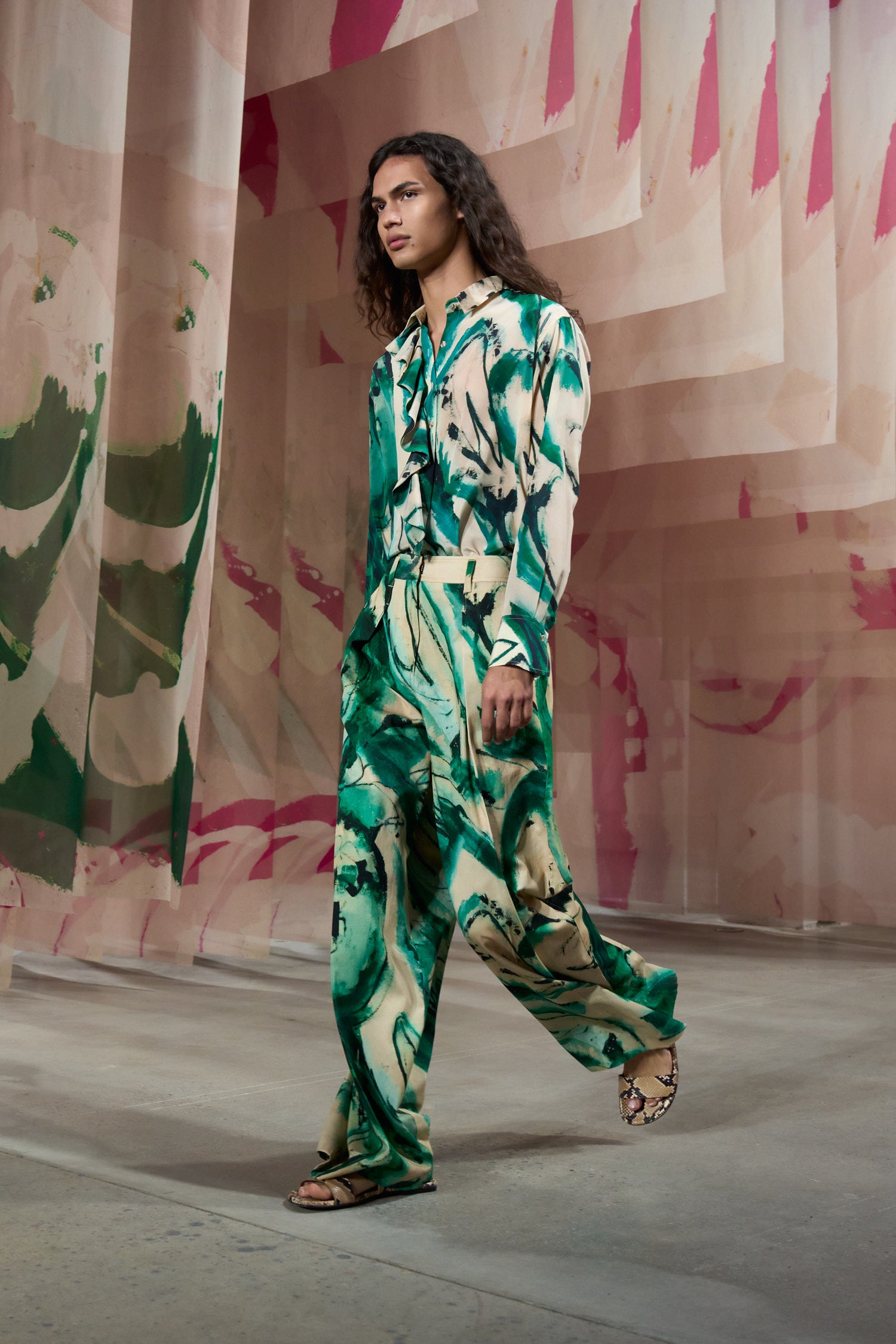Ulla Johnson Green Silk Print Blouse - SS25 Runway Full Look, Side Profile | Ulla Johnson
