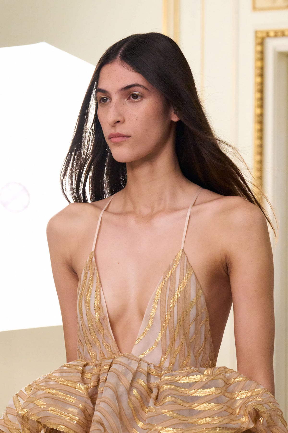 Gold Lurex Camelia Gown - Deep V-Neckline Close-Up, SS26 Runway | Ulla Johnson