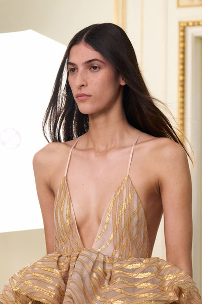 Gold Lurex Camelia Gown - Deep V-Neckline Close-Up, SS26 Runway | Ulla Johnson