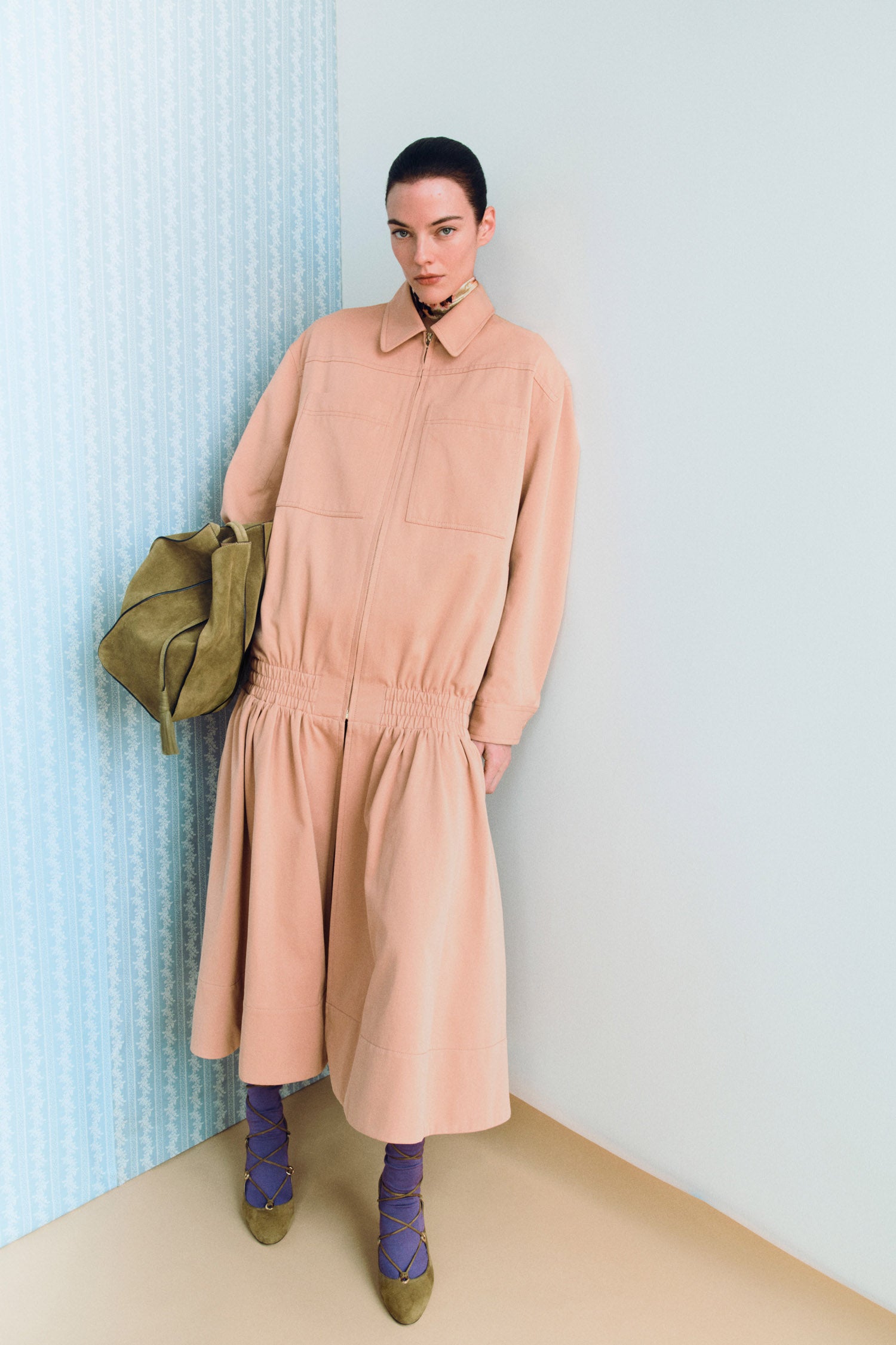 Ulla Johnson Fawn Cotton Twill Coat - Runway Editorial Styled Look with Green Suede Bag | Ulla Johnson
