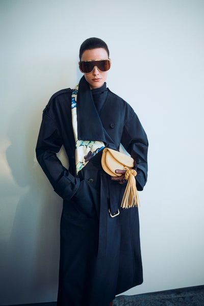 Midnight Trench Coat Styled with Printed Scarf & Fringe Bag - Editorial Look | Ulla Johnson