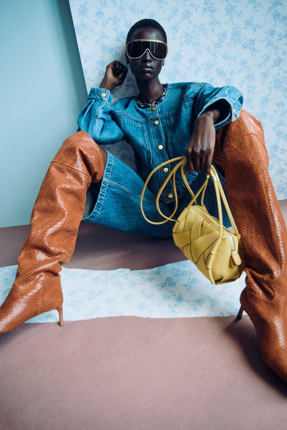 Briar Collarless Denim Jacket Editorial Campaign Look, Styled with Thigh-High Boots | Ulla Johnson