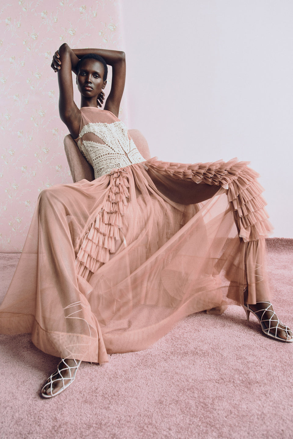 Sandstone Crochet & Tulle Maxi Dress - Editorial Styled Look, Seated Pose | Ulla Johnson